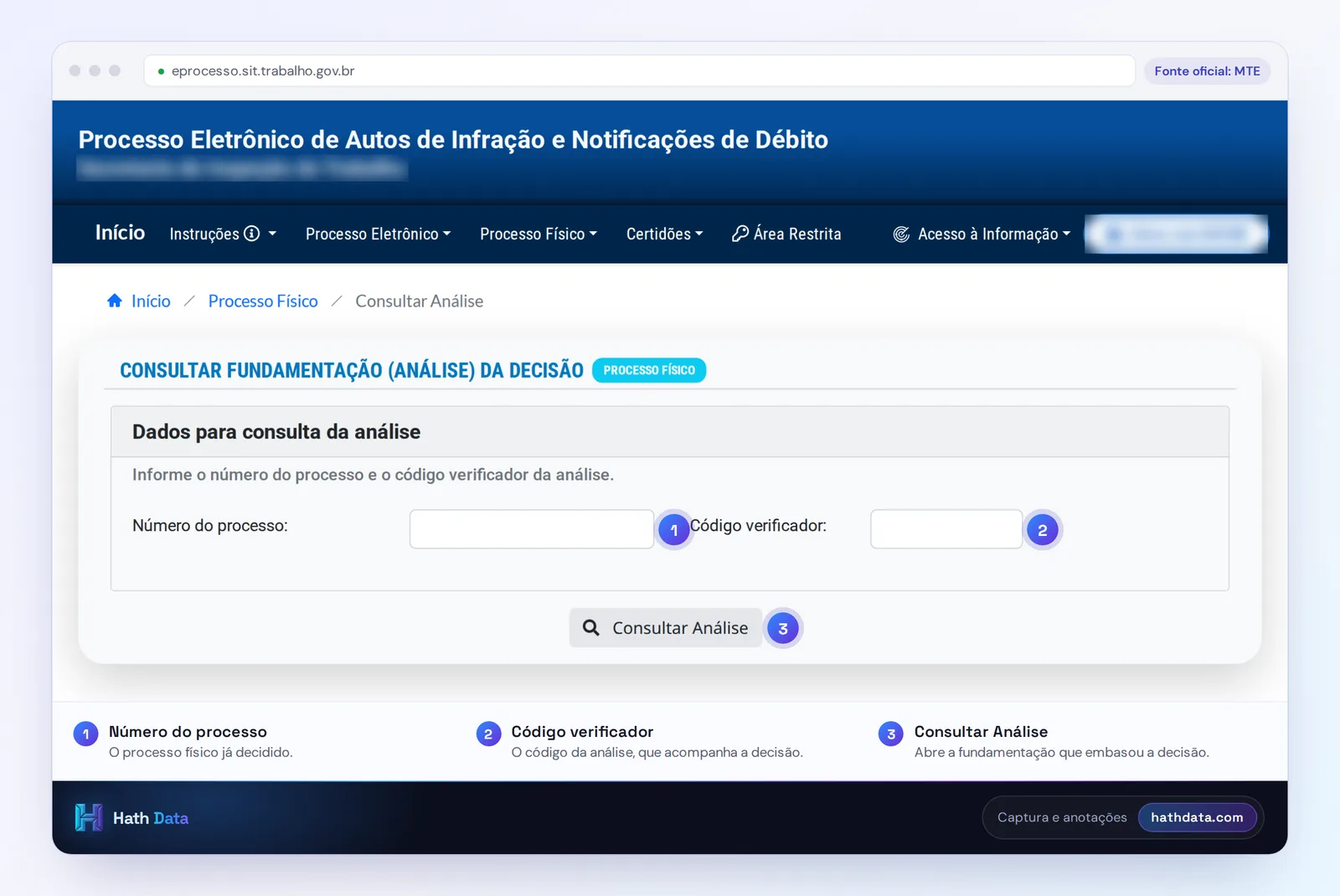 Tela de consulta da fundamentação (análise) da decisão no processo físico do eprocesso do MTE