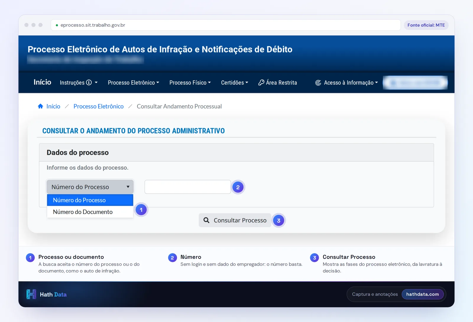 Tela de andamento processual do processo eletrônico no eprocesso do MTE, com a escolha entre número do processo e do documento