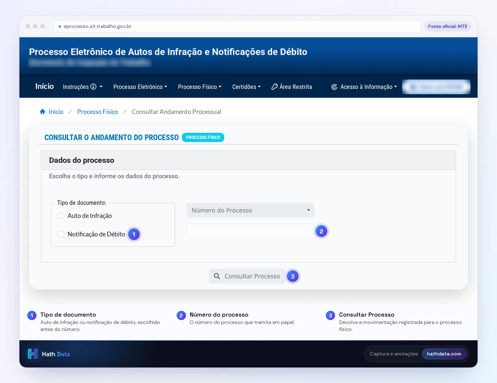 Tela de andamento do processo físico no eprocesso do MTE, com a escolha entre auto de infração e notificação de débito