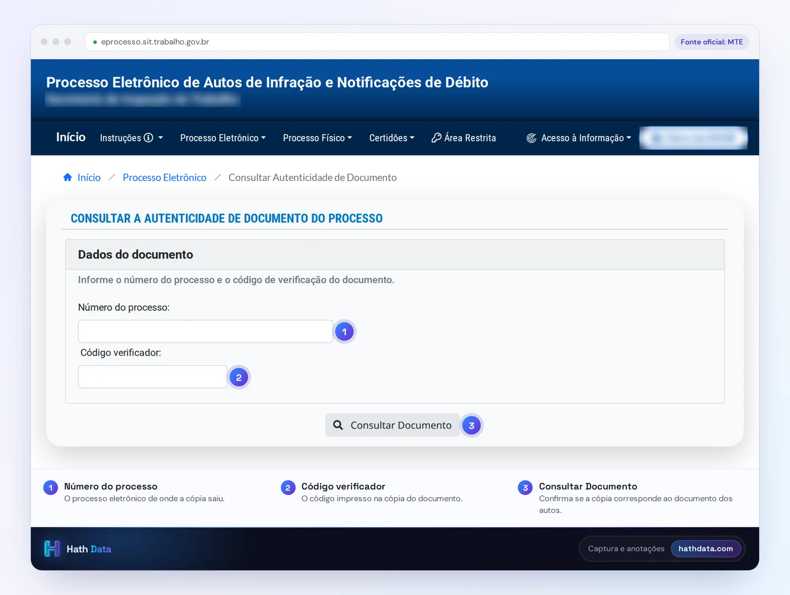 Tela de autenticidade de documento do processo no eprocesso do MTE, com número do processo e código verificador
