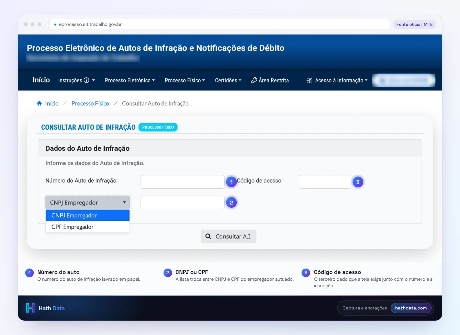 Tela de consulta de auto de infração do processo físico no eprocesso do MTE, com a lista entre CNPJ e CPF do empregador aberta