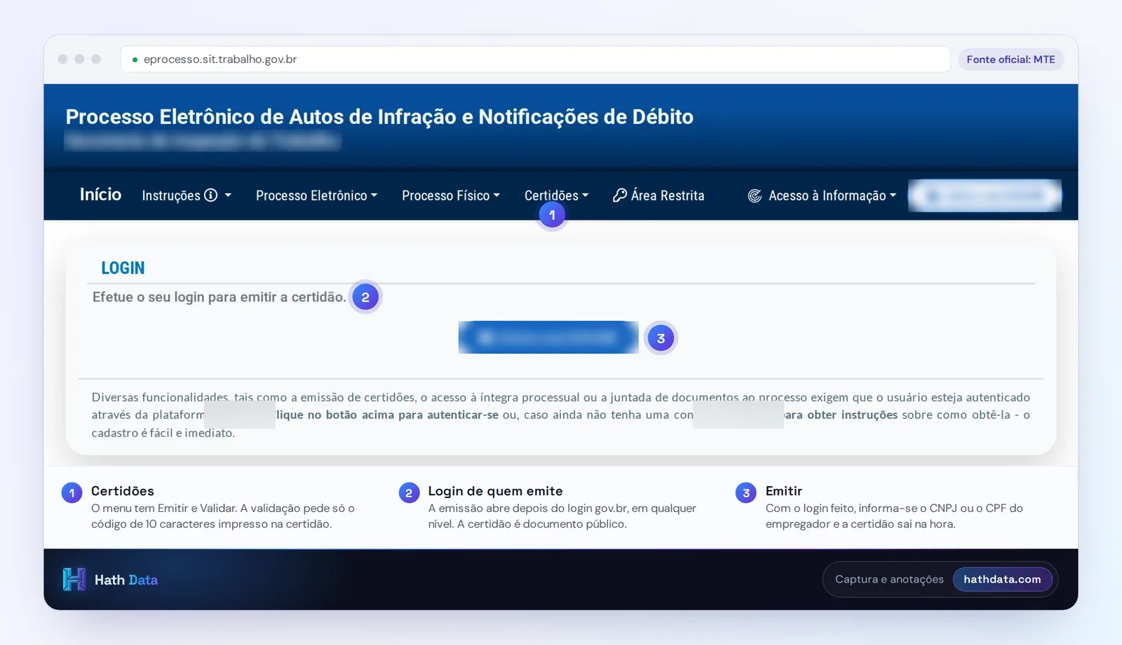 Tela de emissão da Certidão de Débitos Trabalhistas no eprocesso do MTE, que pede login antes da emissão