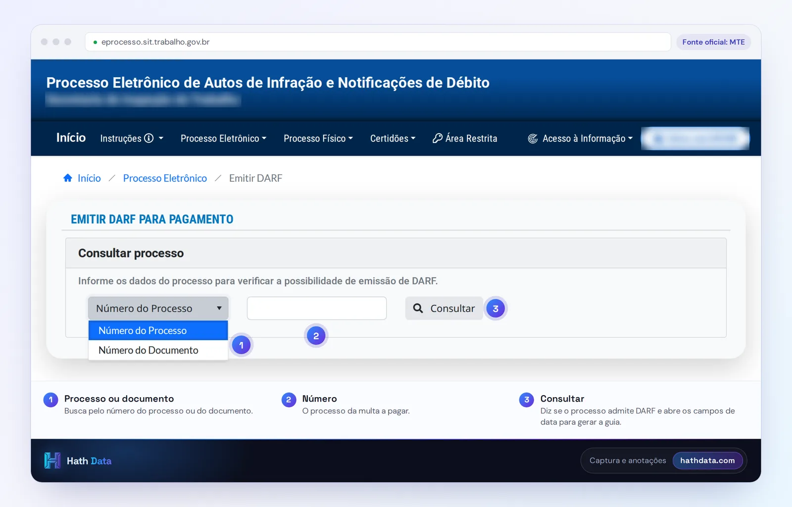 Tela de emissão de DARF para pagamento de multa no eprocesso do MTE