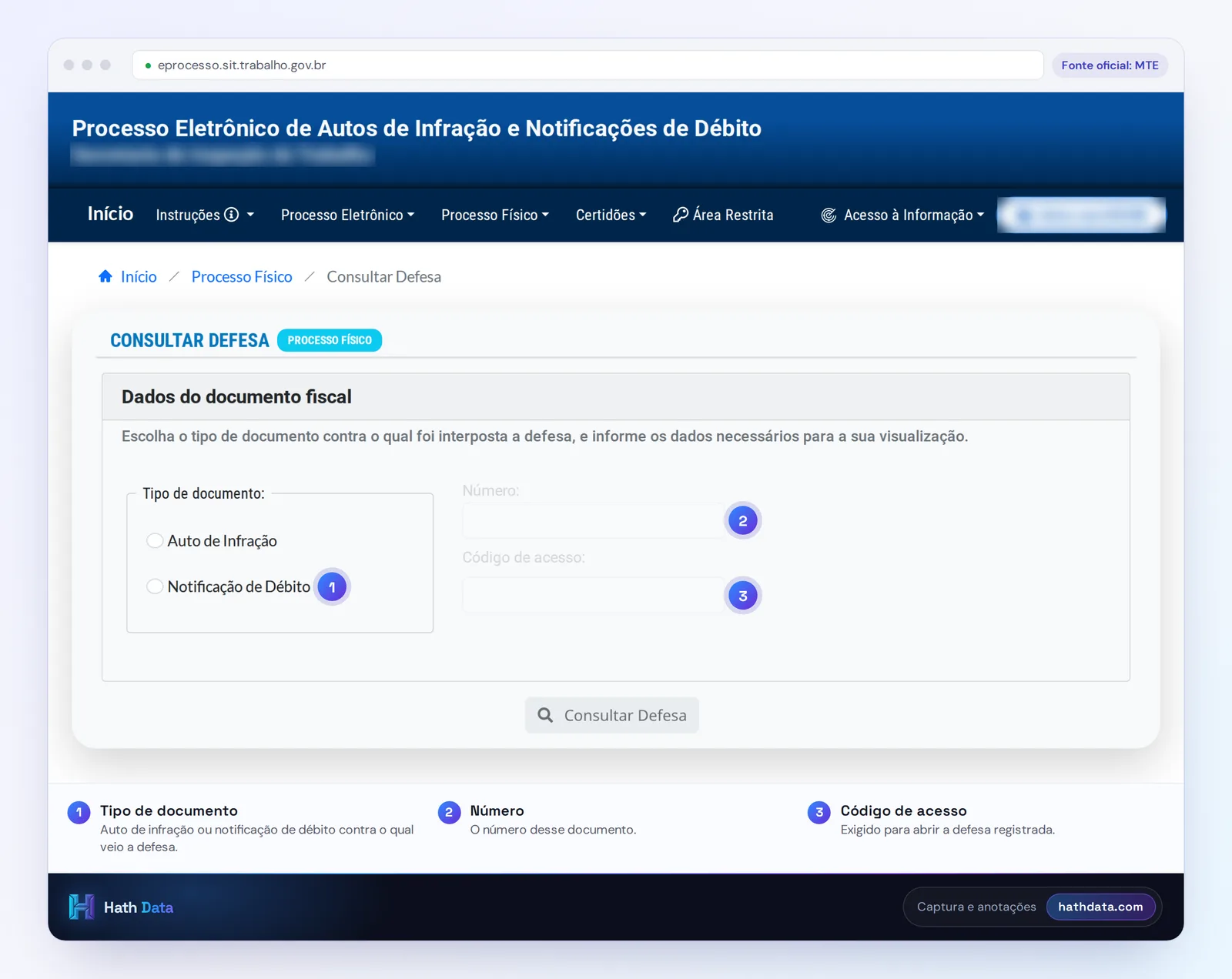 Tela de consulta de defesa do processo físico no eprocesso do MTE