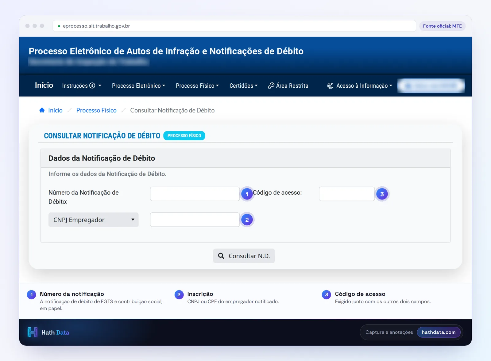 Tela de consulta de notificação de débito do processo físico no eprocesso do MTE