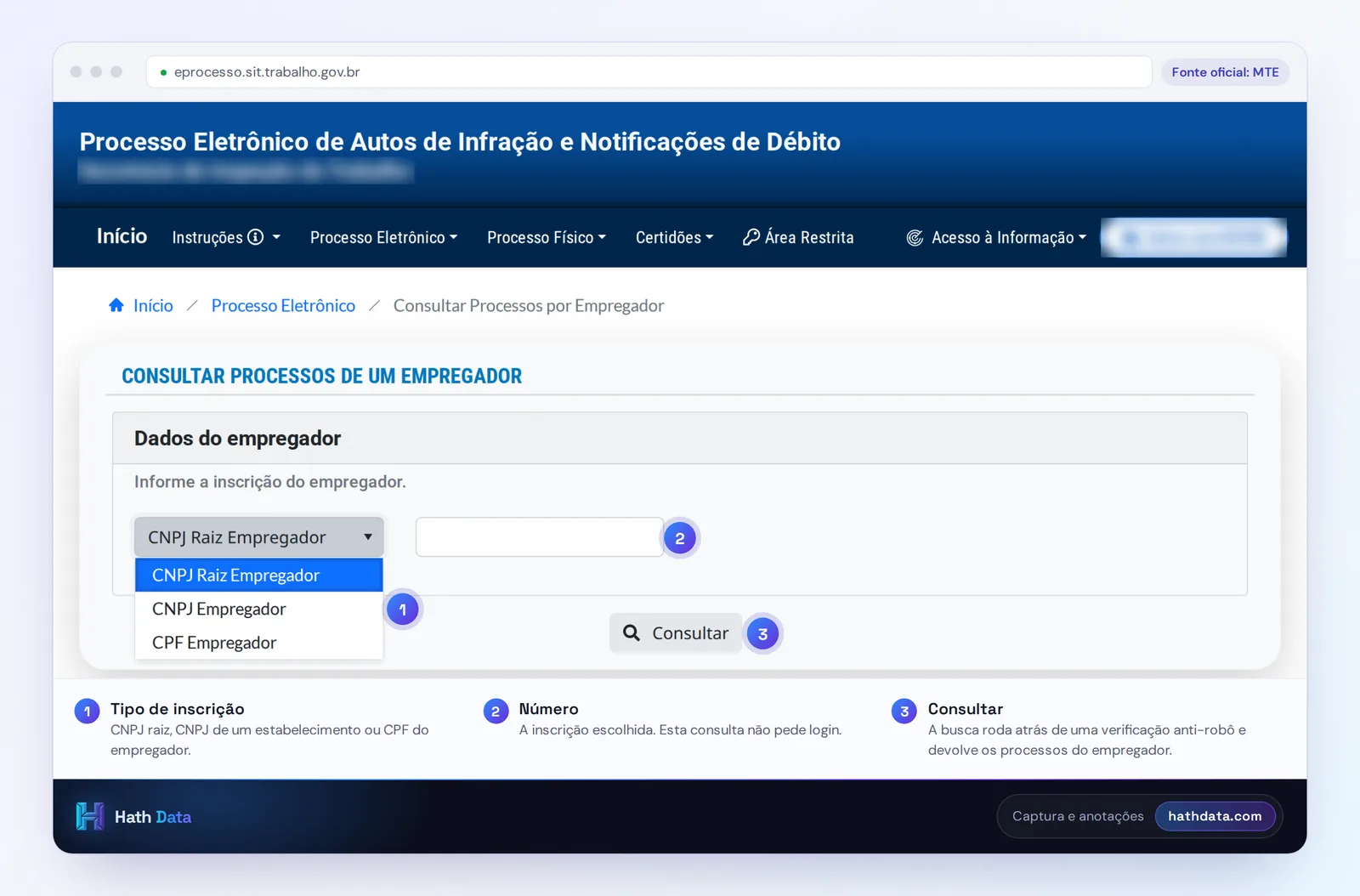 Tela Consultar Processos de um Empregador no eprocesso do MTE, com a lista de tipos de inscrição aberta