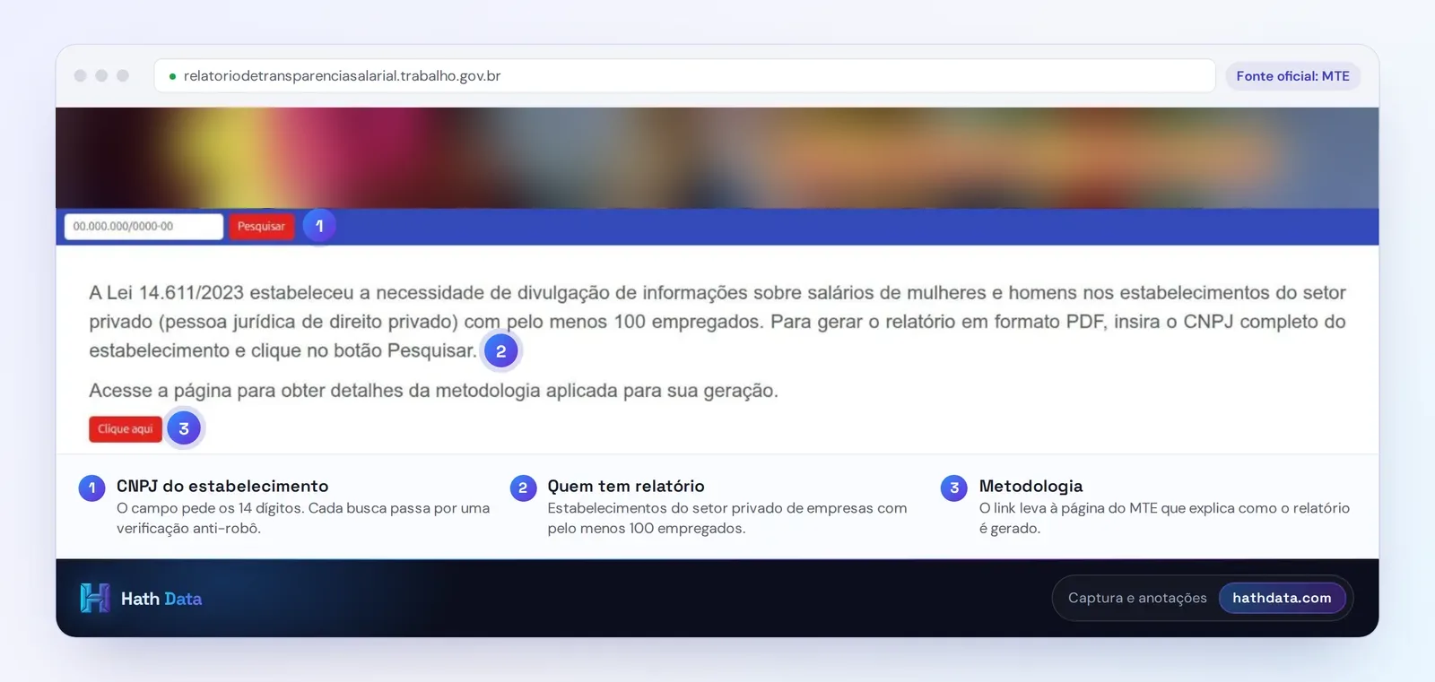 Tela de busca do Relatório de Igualdade Salarial do MTE, com o campo de CNPJ do estabelecimento