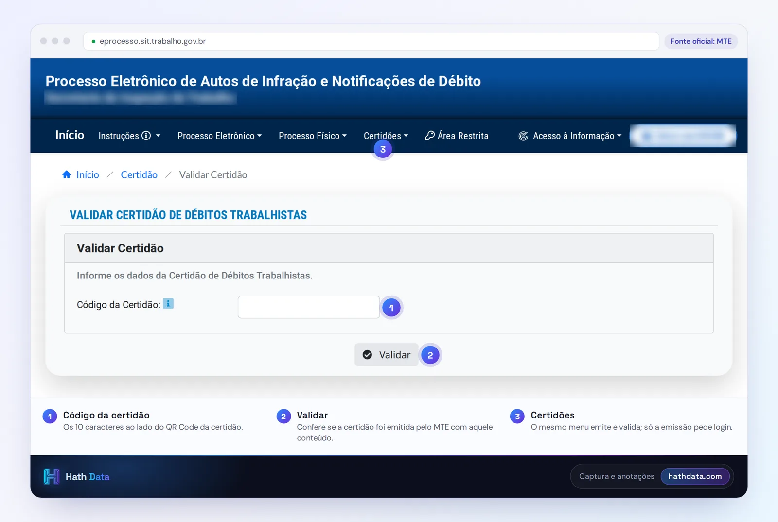 Tela de validação da Certidão de Débitos Trabalhistas no eprocesso do MTE