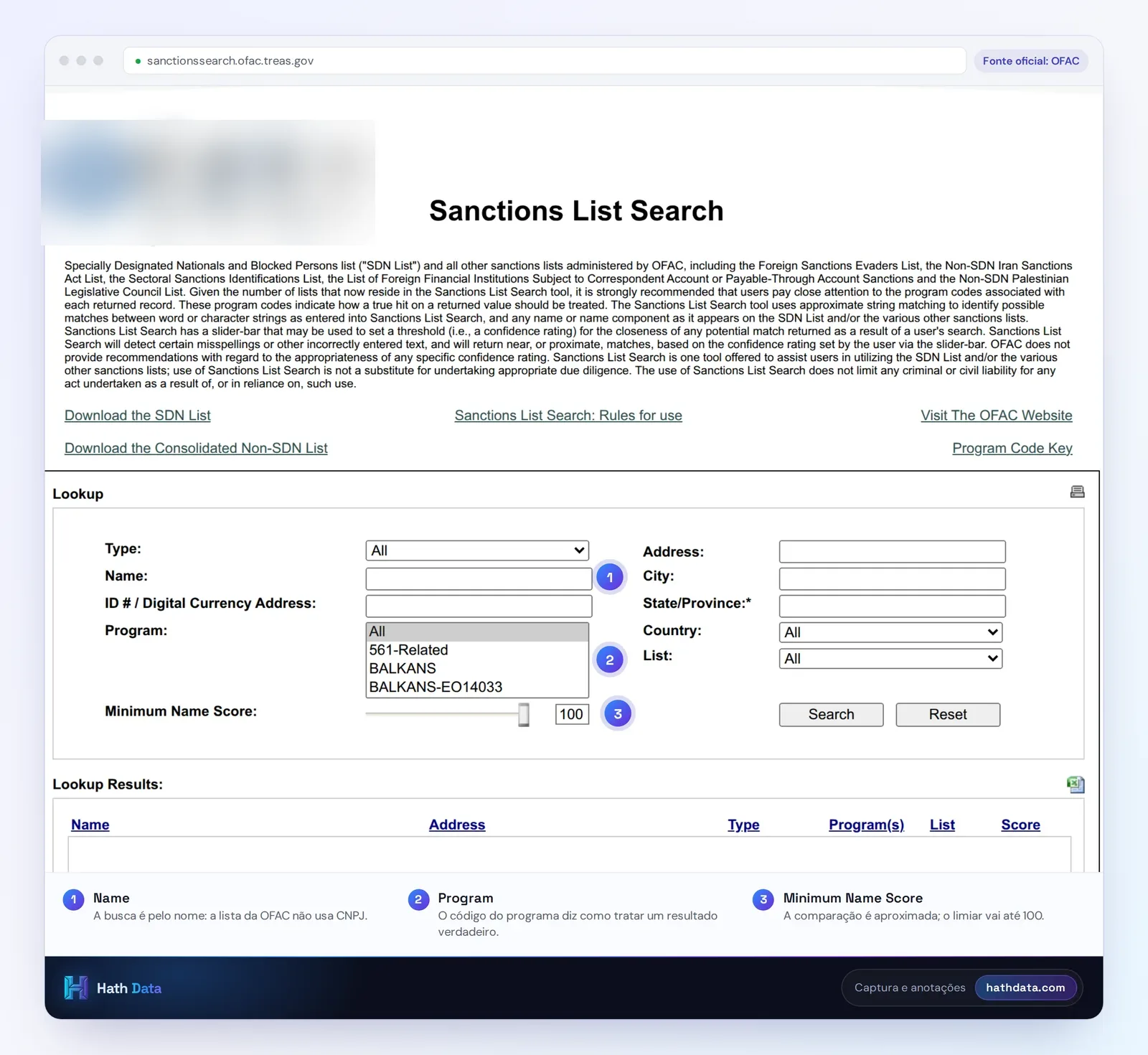Tela Sanctions List Search da OFAC, com os campos de nome, programa e pontuação mínima