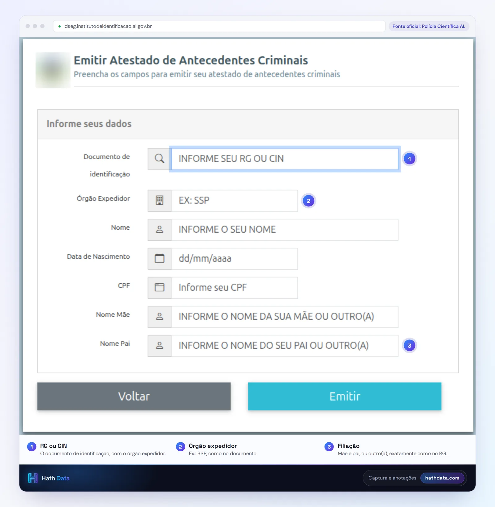 Formulário Emitir Atestado de Antecedentes Criminais do Sistema RG Online de Alagoas