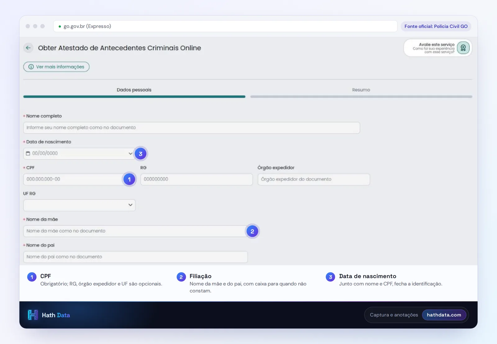 Etapa Dados pessoais do atestado de antecedentes criminais da Polícia Civil de Goiás no Portal Expresso