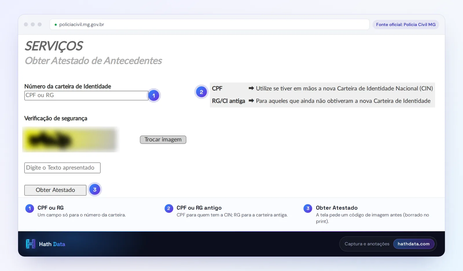 Tela Obter Atestado de Antecedentes da Polícia Civil de Minas Gerais, com o campo CPF ou RG e a verificação de segurança