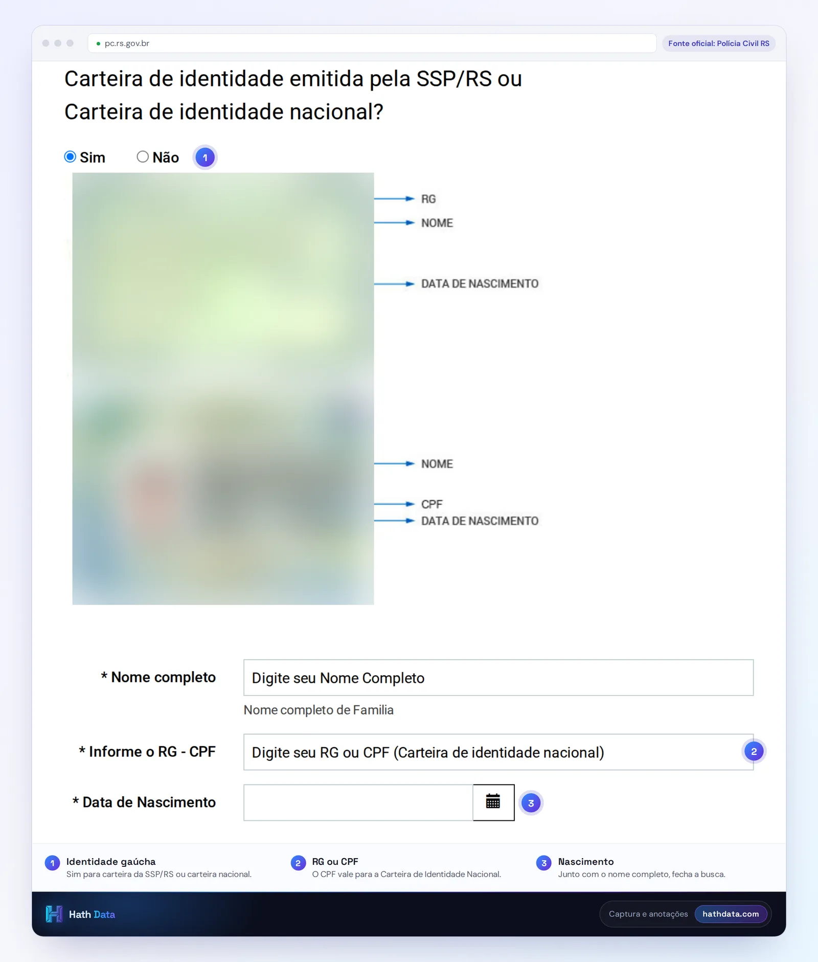 Formulário da certidão de antecedentes policiais da Polícia Civil do RS, com nome, RG ou CPF e data de nascimento