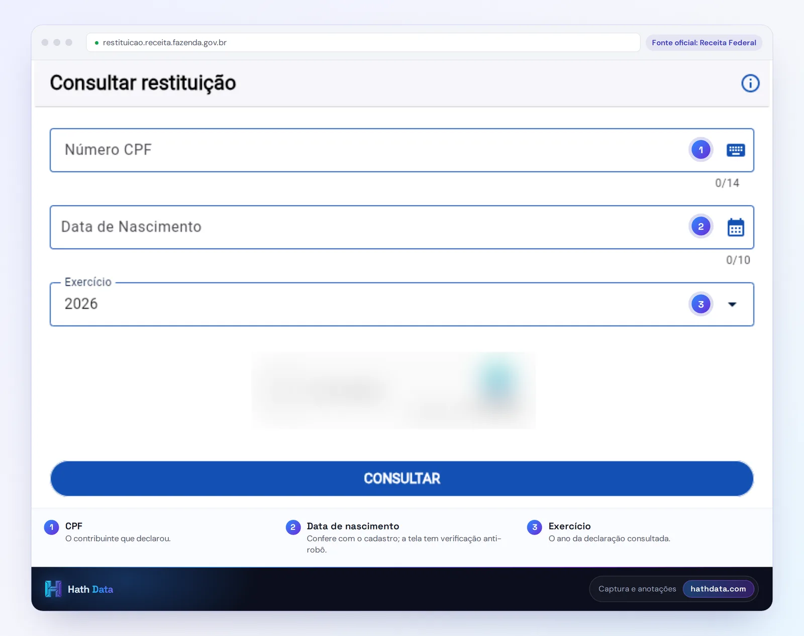 Formulário Consultar restituição da Receita Federal, com CPF, data de nascimento e exercício