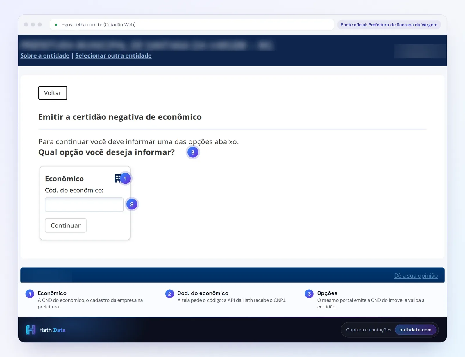 Tela de emissão da certidão negativa de econômico de Santana da Vargem no Cidadão Web