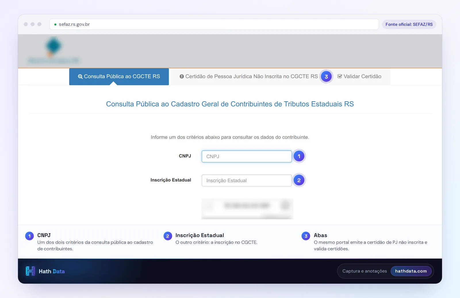 Tela da Consulta Pública ao CGCTE da Receita Estadual do RS, com os campos CNPJ e Inscrição Estadual