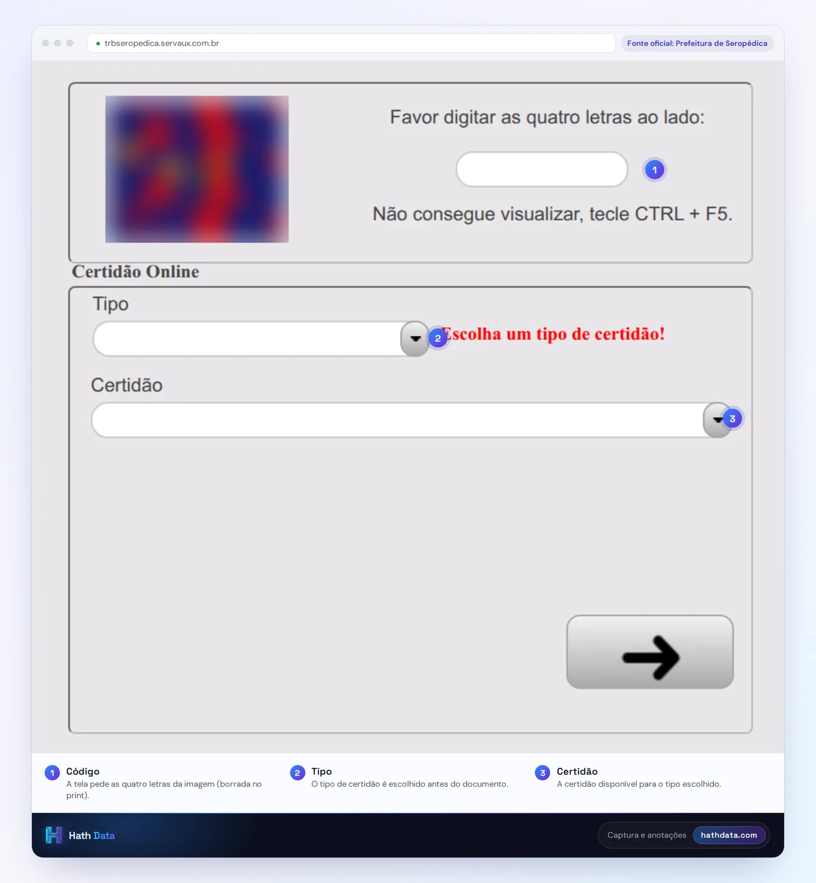 Tela da Certidão Online da Prefeitura de Seropédica, com o código de verificação e a escolha do tipo de certidão