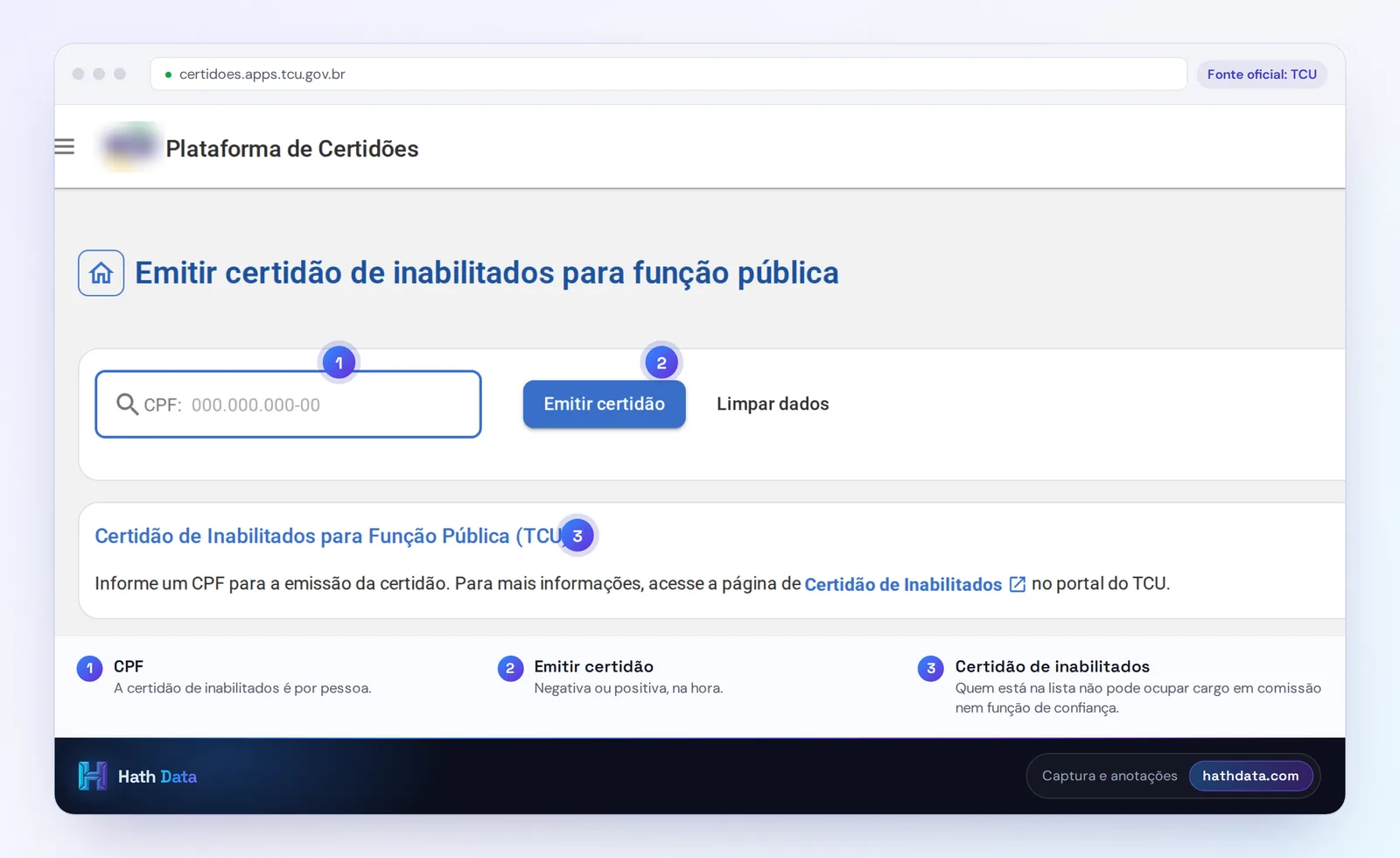 Tela de emissão da certidão de inabilitados para função pública na Plataforma de Certidões do TCU