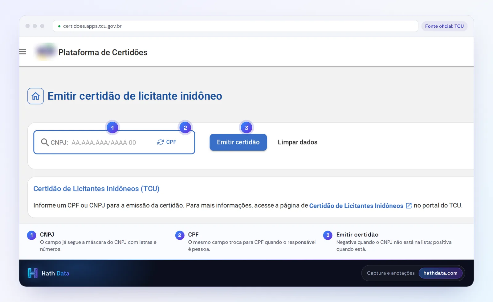Tela de emissão da certidão de licitante inidôneo na Plataforma de Certidões do TCU, com o campo de CNPJ