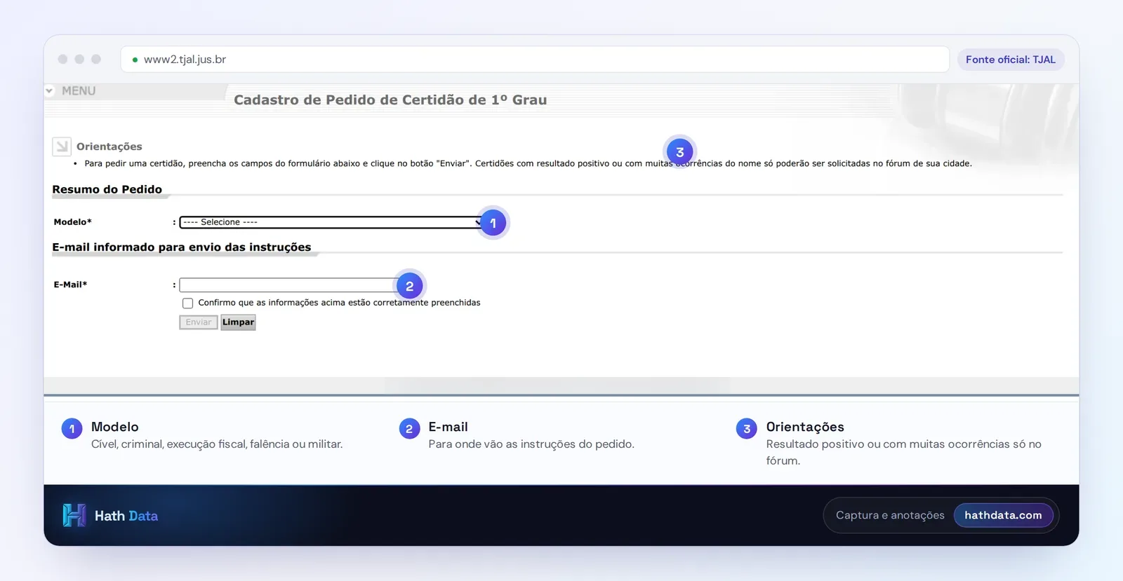 Cadastro de Pedido de Certidão de 1º Grau do e-SAJ do TJAL, com modelo e e-mail