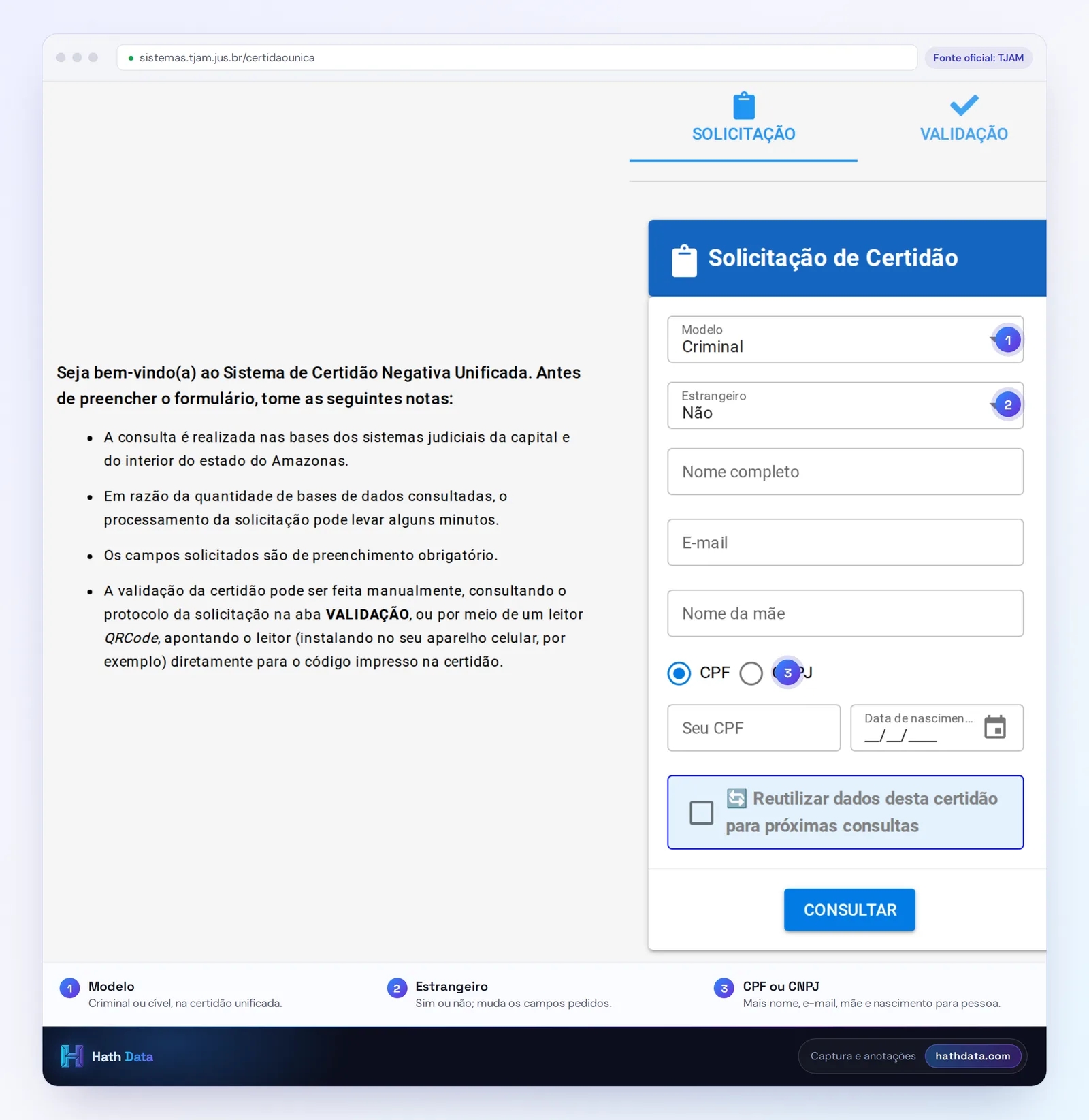 Tela de solicitação da Certidão Unificada do TJAM, com as orientações e o formulário