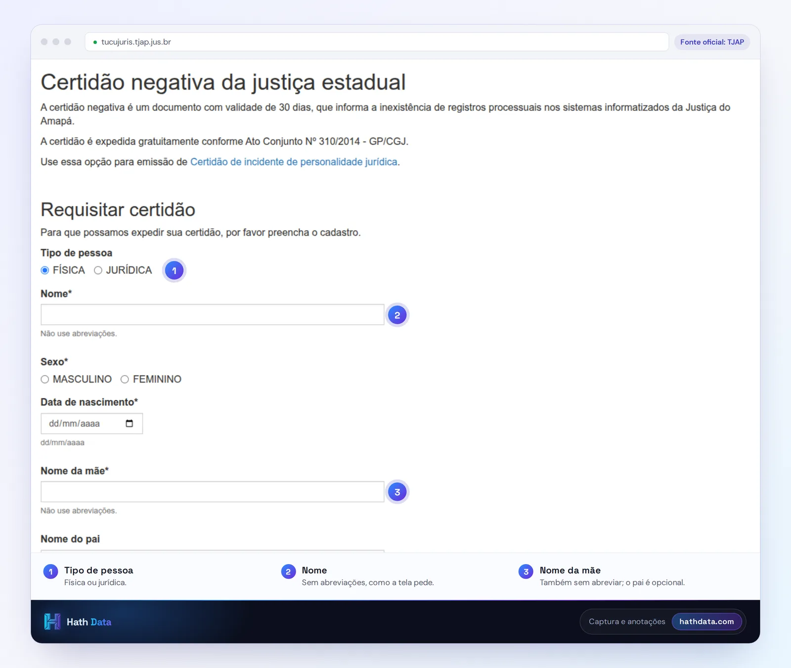 Página Certidão negativa da justiça estadual do TJAP, com o formulário Requisitar certidão
