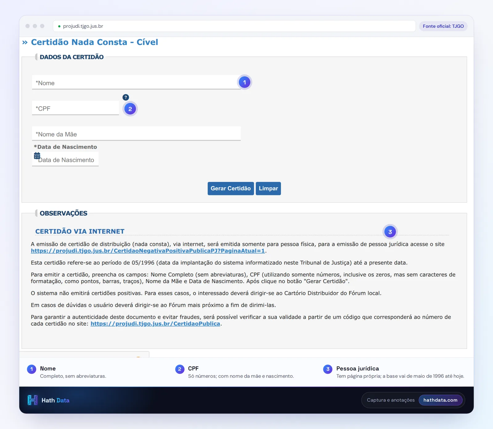 Formulário Certidão Nada Consta Cível do Projudi do TJGO, com as observações da certidão via internet