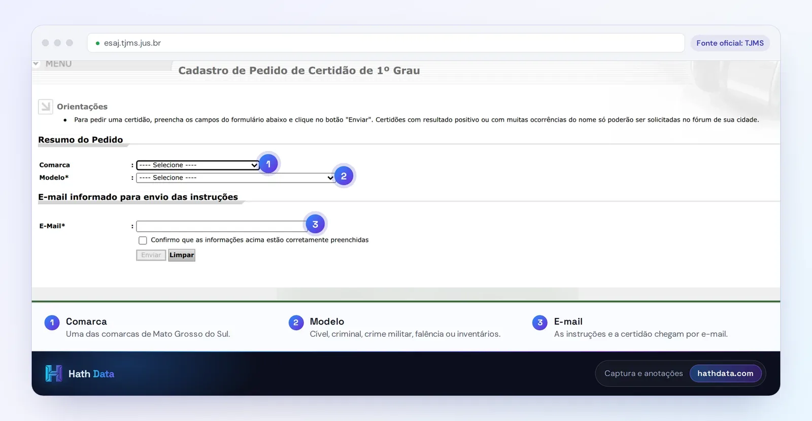 Cadastro de Pedido de Certidão de 1º Grau do e-SAJ do TJMS, com comarca, modelo e e-mail