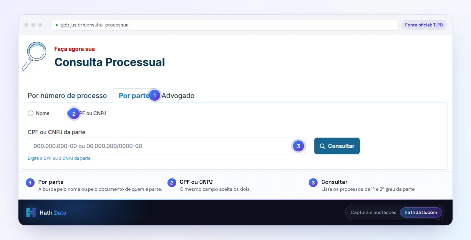 Consulta Processual do TJPB na aba Por parte, com a busca por CPF ou CNPJ