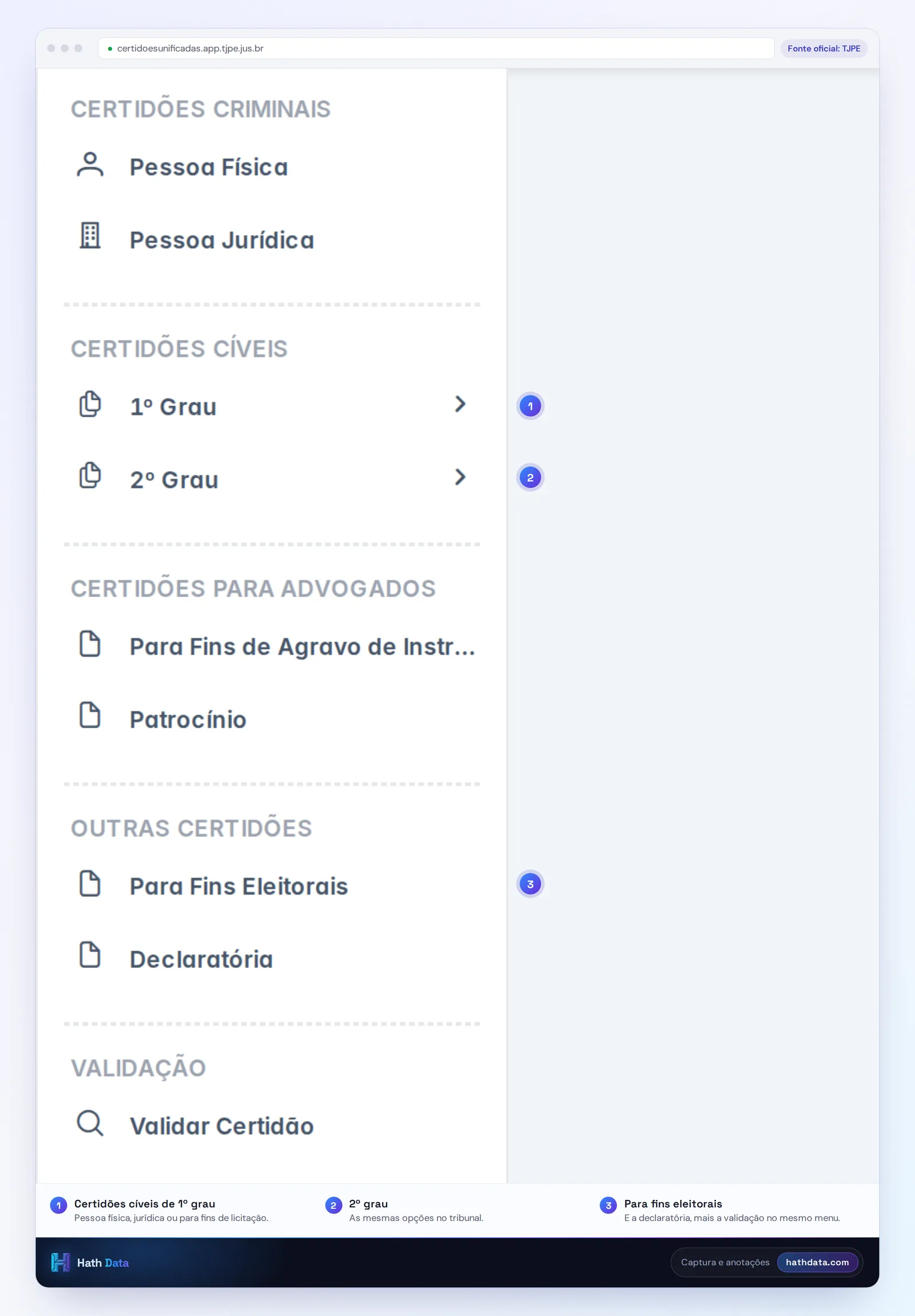 Menu de emissão de certidões do TJPE, com as certidões criminais, cíveis de 1º e 2º grau, para advogados e outras