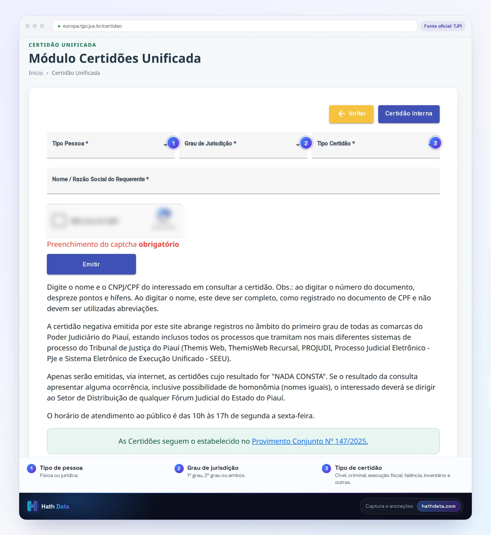 Módulo Certidões Unificada da Plataforma Europa do TJPI, com tipo de pessoa, grau, tipo de certidão e as orientações