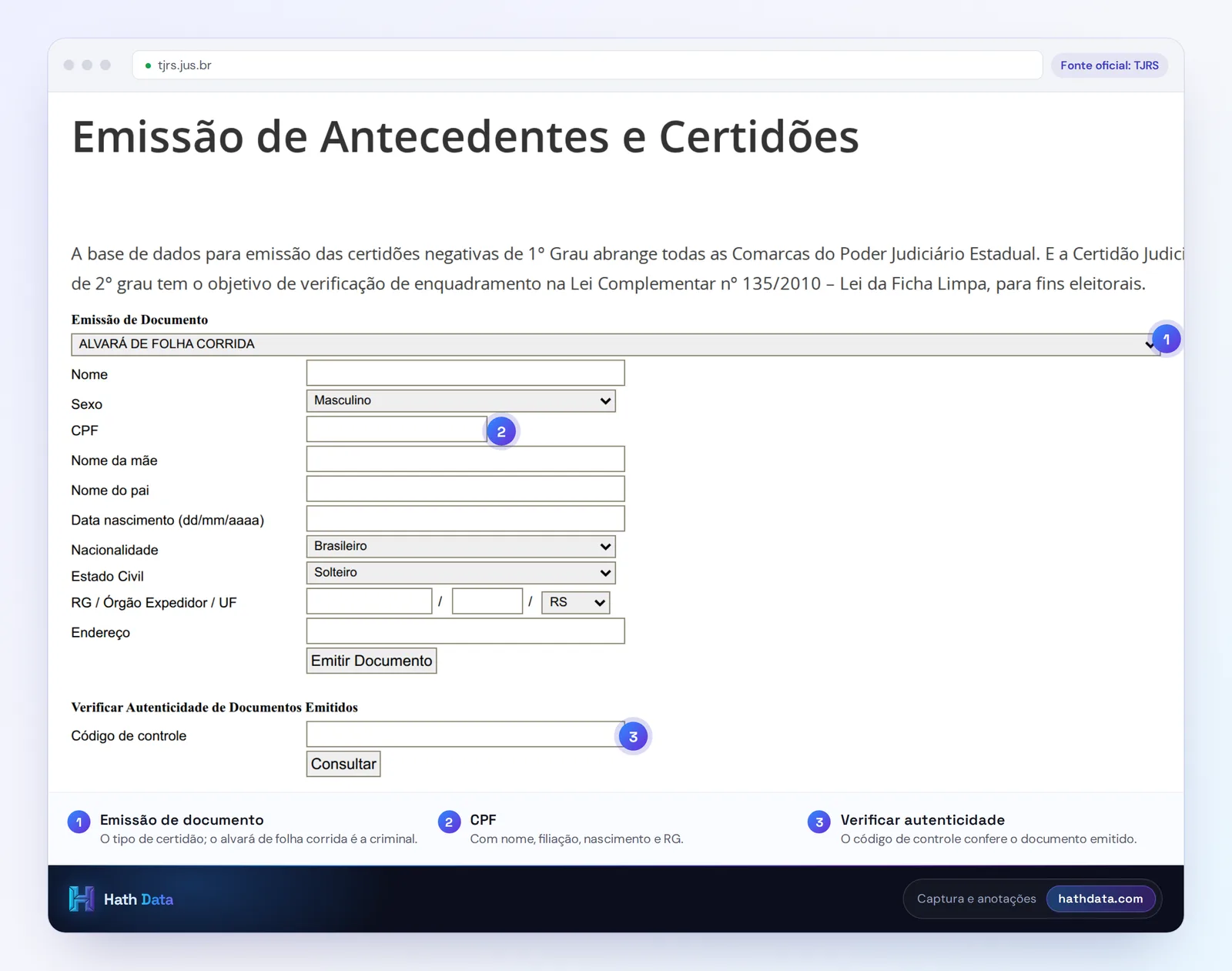 Página Emissão de Antecedentes e Certidões do TJRS, com o formulário de emissão e a verificação de autenticidade