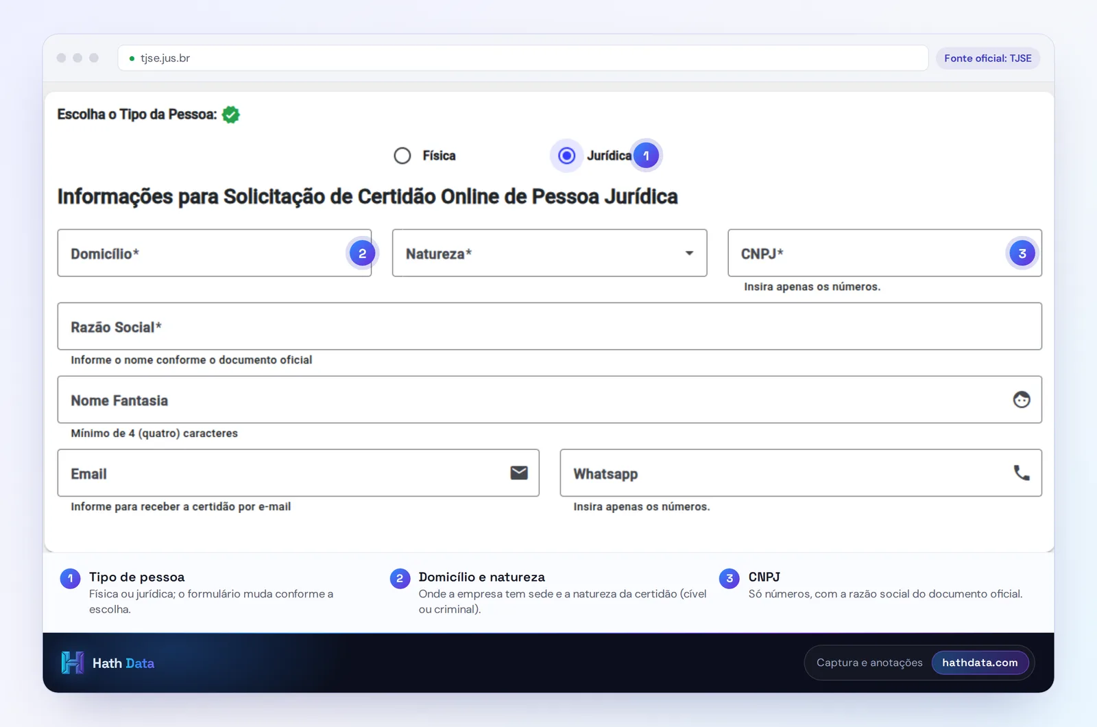 Formulário de solicitação de certidão online de pessoa jurídica do TJSE, com domicílio, natureza, CNPJ e razão social