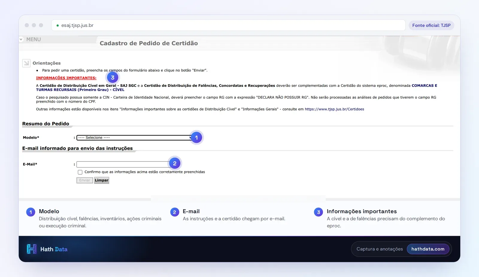 Cadastro de Pedido de Certidão de 1º grau do e-SAJ do TJSP, com as informações importantes, o modelo e o e-mail