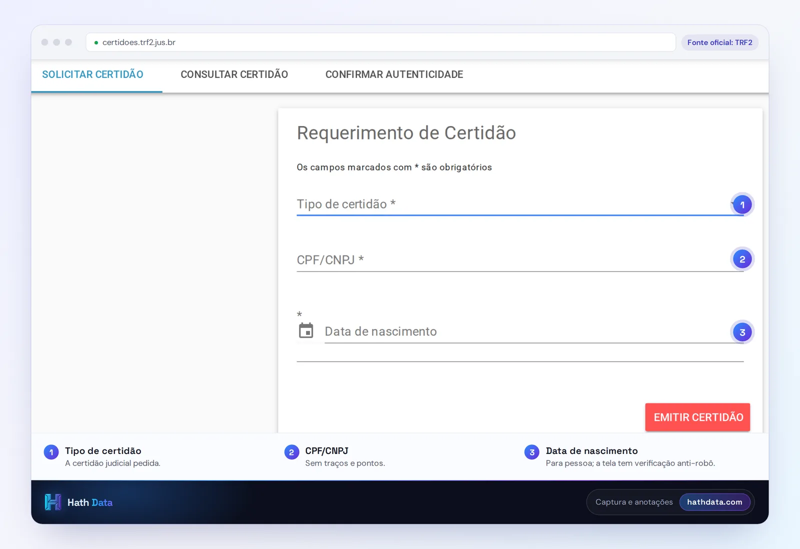 Requerimento de Certidão do sistema de certidões judiciais eletrônicas do TRF2