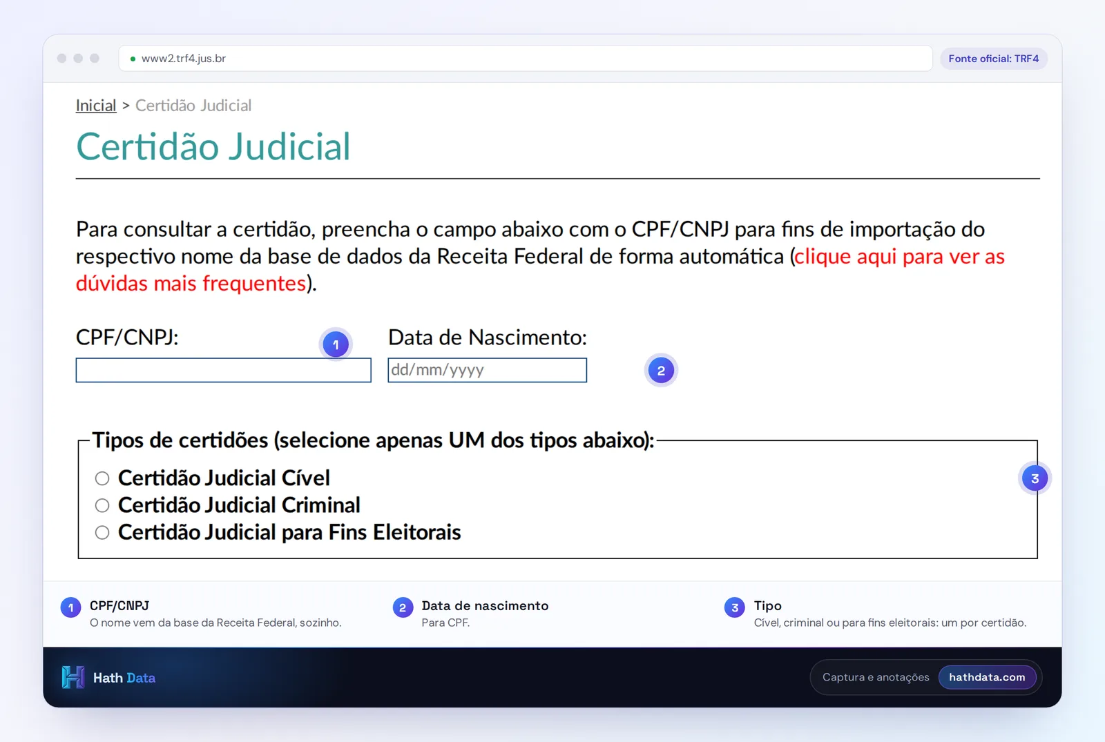 Formulário da Certidão Judicial do TRF4, com CPF/CNPJ, data de nascimento e os três tipos de certidão
