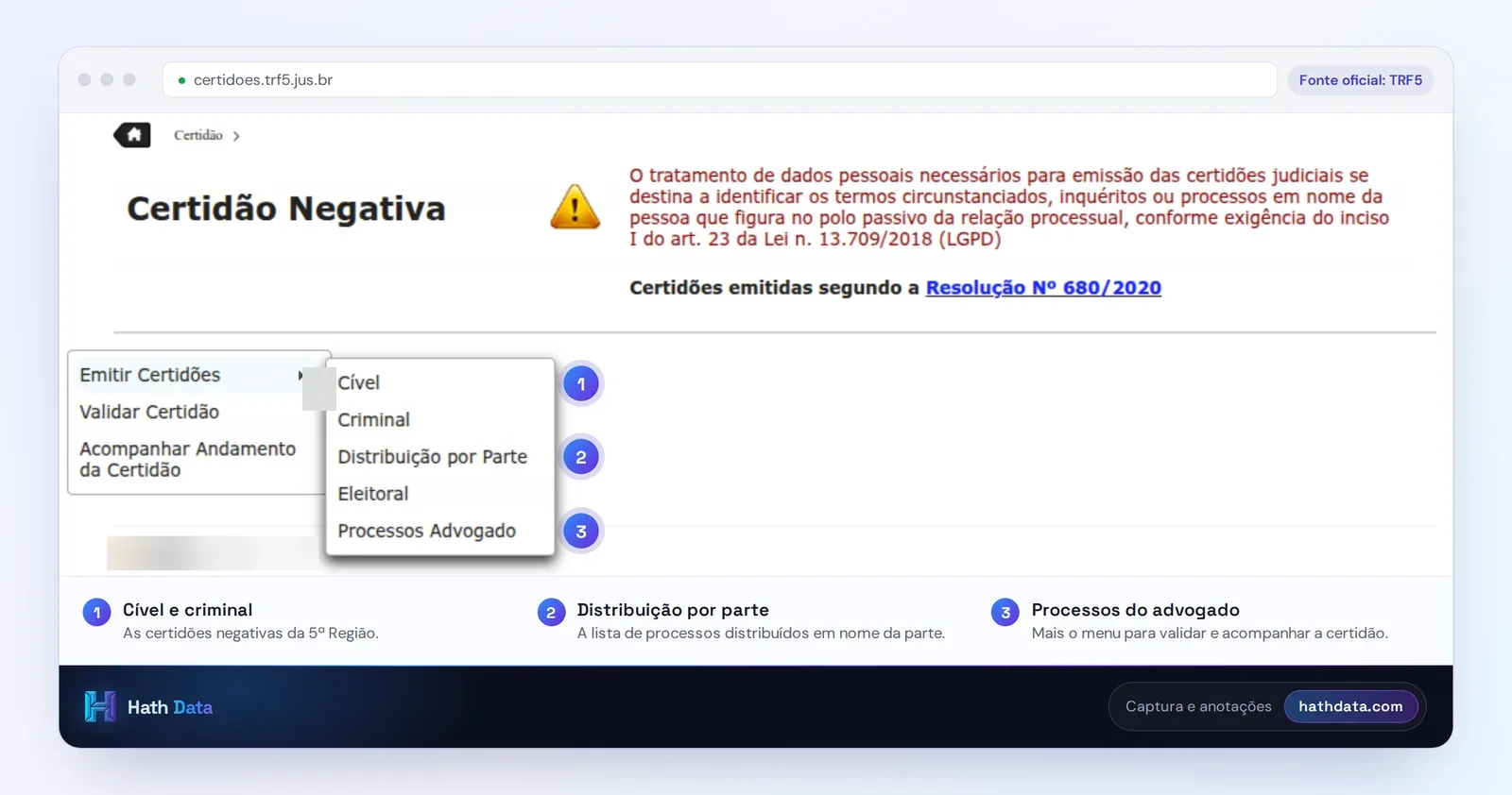 Página Certidão Negativa do TRF5 com o menu Emitir Certidões aberto nos cinco tipos