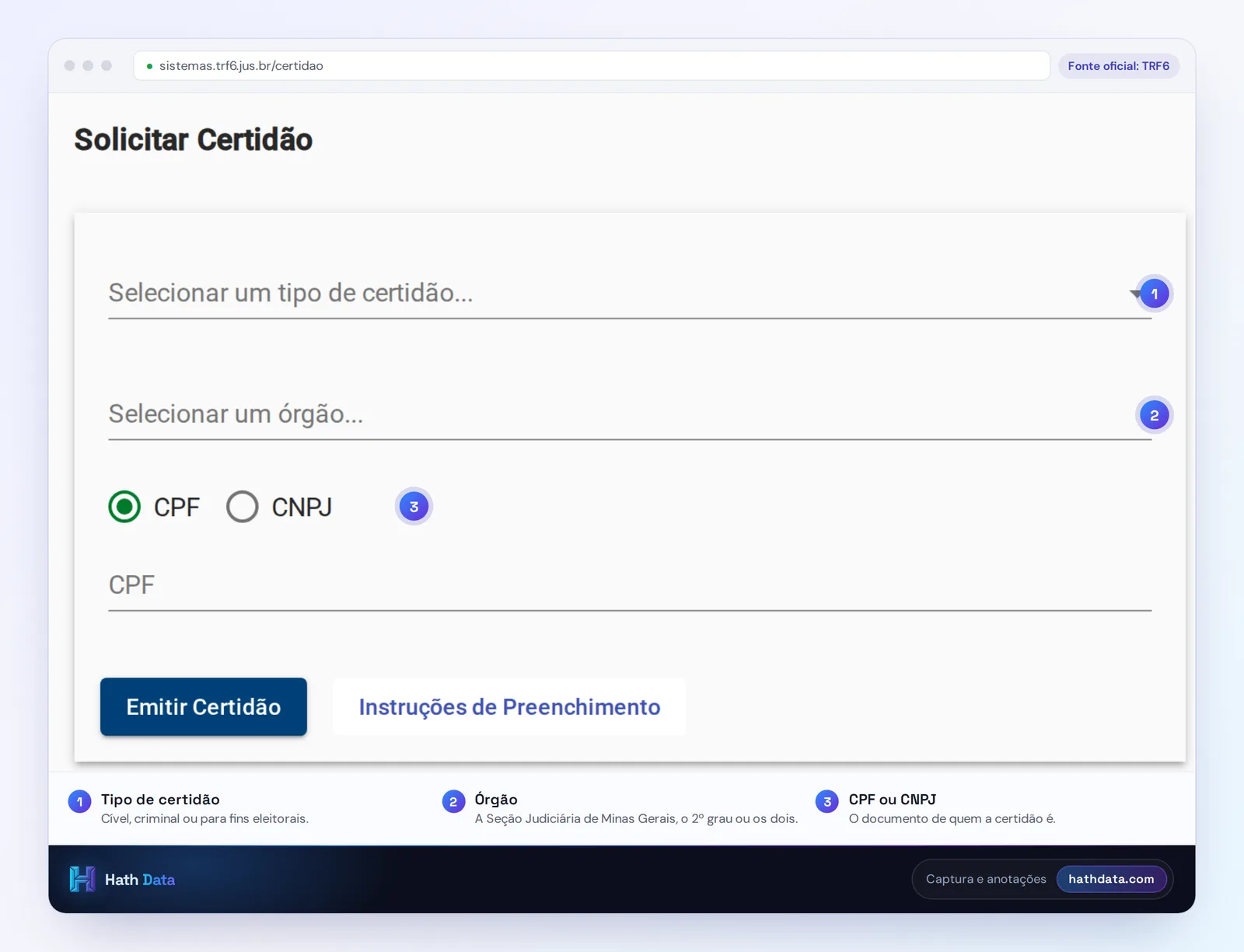 Formulário Solicitar Certidão do TRF6, com tipo de certidão, órgão e CPF ou CNPJ