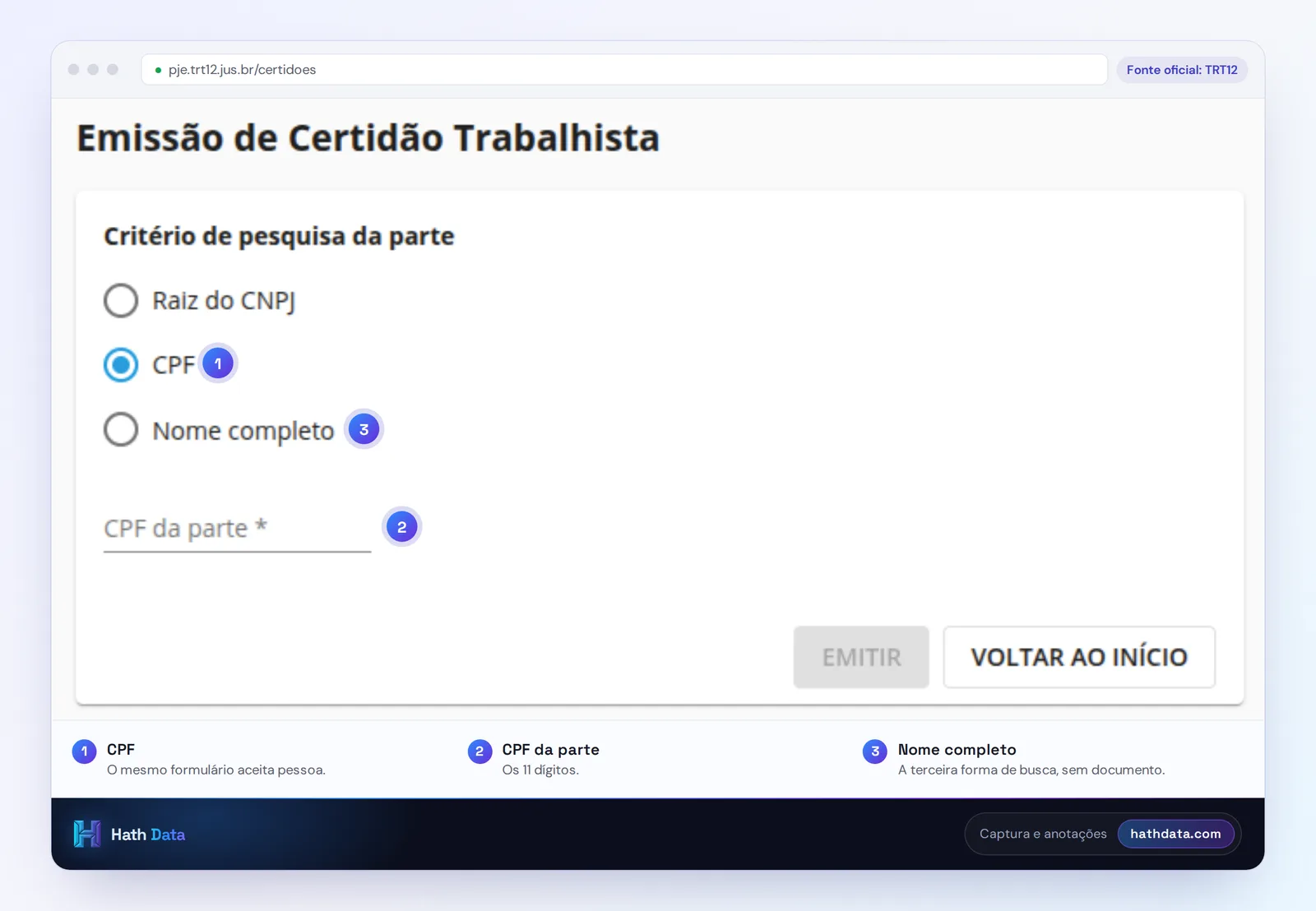 Formulário Emissão de Certidão Trabalhista do TRT12 com o critério CPF marcado
