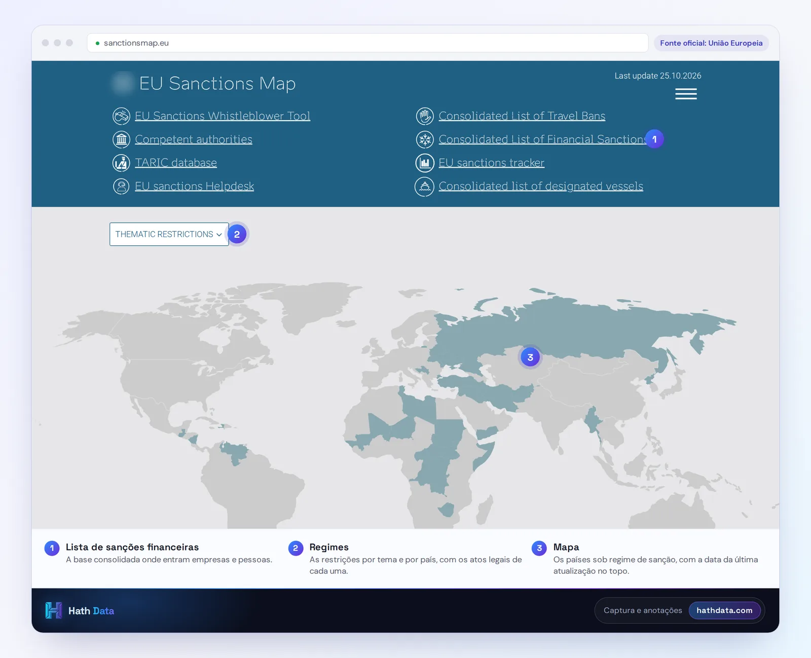 EU Sanctions Map, com os links da lista consolidada de sanções financeiras e o mapa dos regimes