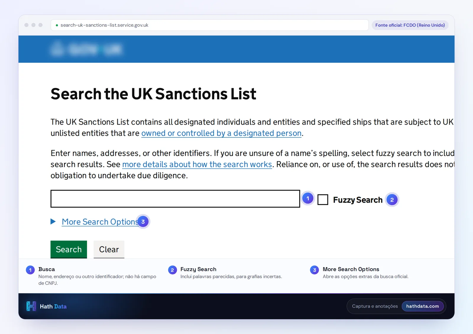 Tela de busca da UK Sanctions List, com o campo de busca e a opção Fuzzy Search
